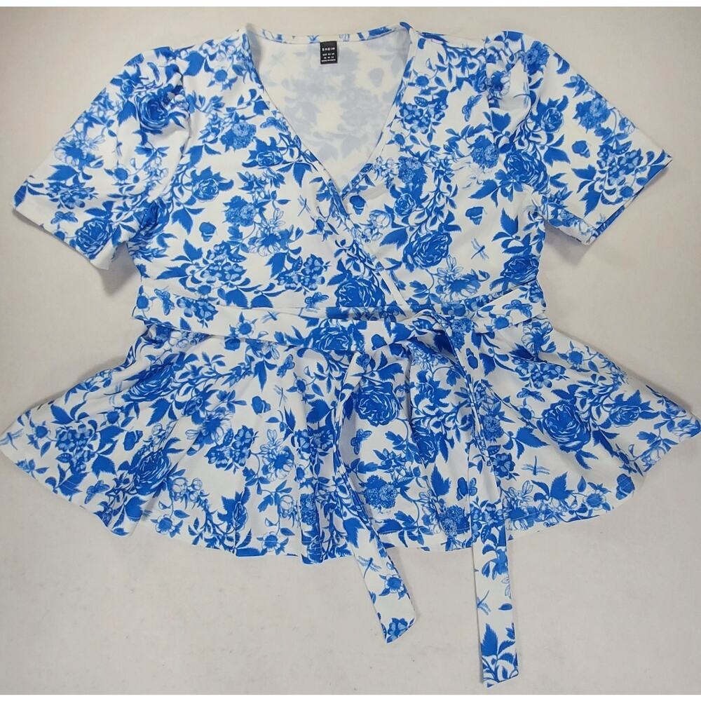 SHEIN VCAY Chinoiserie Blue Floral Belted Peplum Blouse Short Sleeve V Neck XL